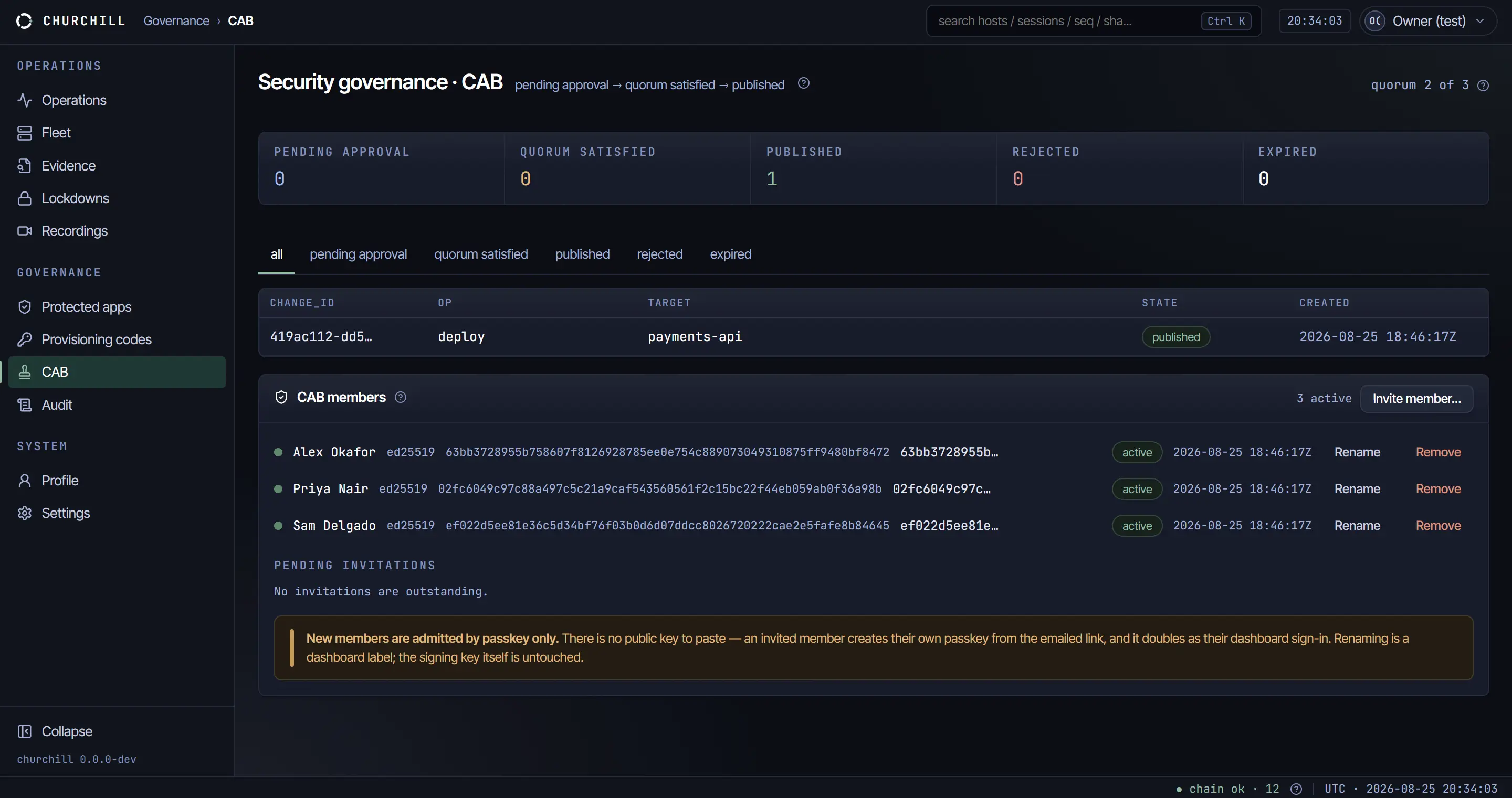 The Churchill console Security governance CAB screen: change requests moving from pending approval through quorum satisfied to published, with the active CAB members and the quorum threshold listed.