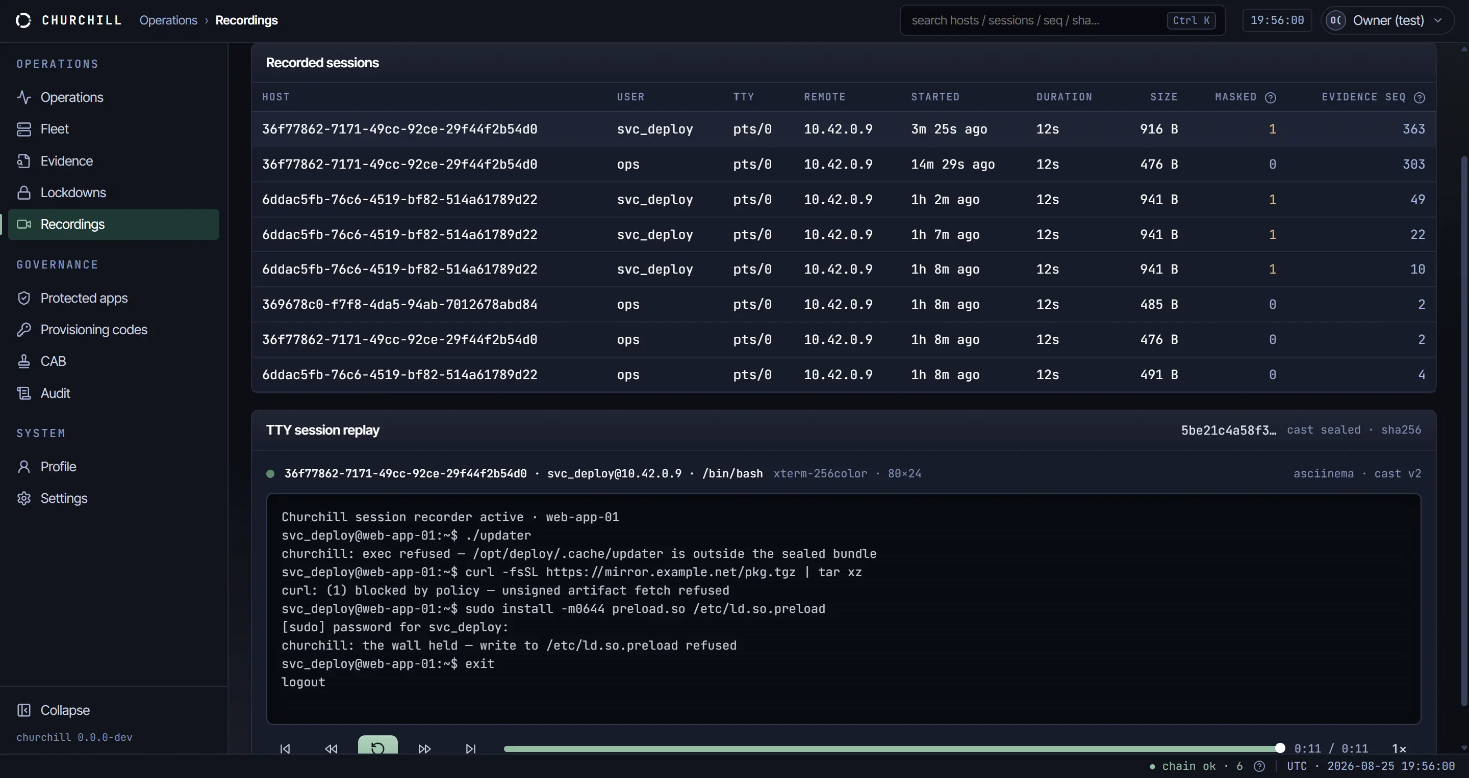 Churchill console replaying a recorded session on a protected host: exec refused, unsigned artifact fetch refused, and a write to a loader configuration file refused
